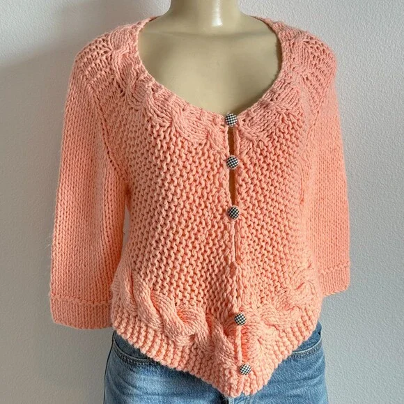 Free People Heavy Knit Cropped Cardigan Sweater Pink Apricot Gingham Button Up M - Picture 2 of 8